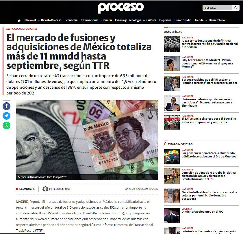 El mercado de fusiones y adquisiciones de Mxico totaliza ms de 11 mmdd hasta septiembre, segn TTR